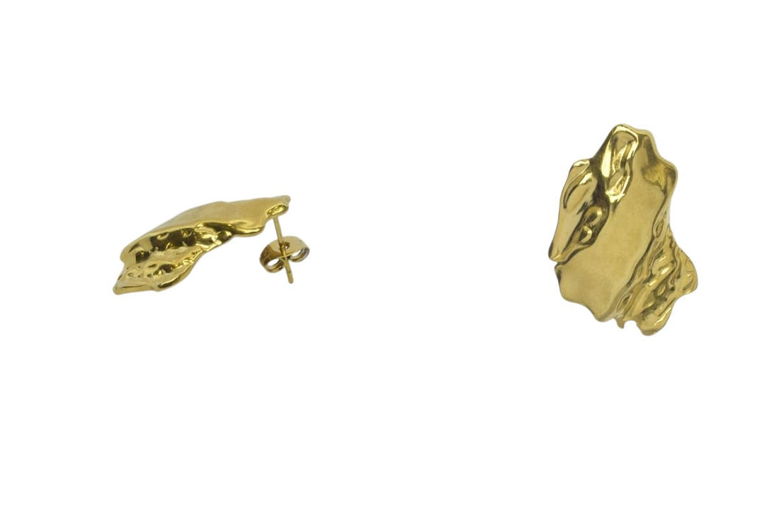 Stainless Steel Organic Molten Rock Textured Stud Earrings for Women - Gold