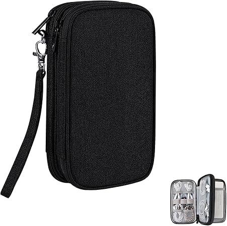 Electronics Travel Cord Organizer Bag, Double Layers Travel Cable Storage Carry Case, Water Resistant Small Tech Accessories Pouch for Charger, Power Bank, Mouse, Earphone, SD Card (Black)