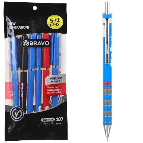 Bravo Stationery Bundle: 100 Ballpoint Pen 6-Pack + Rotring Tikky Mechanical Pencil Blue