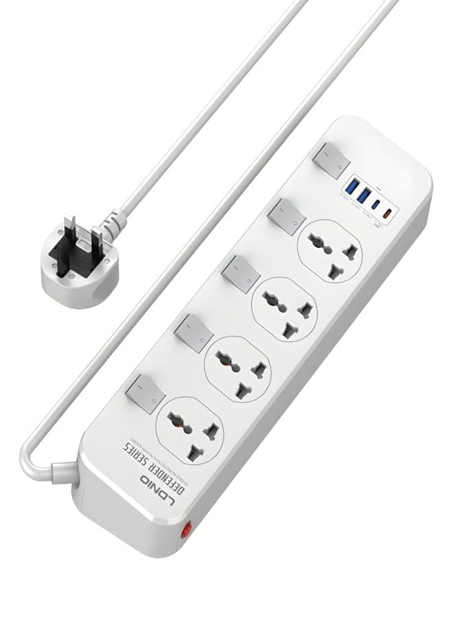 SC4408C Defender Series Power Strip - 2500W Universal Extension Lead with 4 Independent Switch Sockets, With 4 Port 2xUSB-C + 2xUSB-A 20W PD Quick charging, Overload Protection & 2M Heavy Duty Cord -