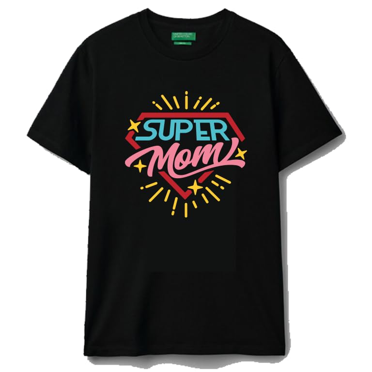 cotton Black T-Shirt, Short Sleeves, Super mom Desigen, Cotton, Size (S)