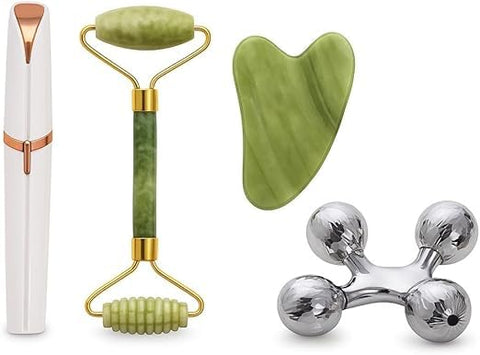 4D Manual Roller Massager Jade Roller Gua Sha Eyebrow Trimmer 3 In 1 Face Massage Tool Relaxation Set Anti Aging Beauty Kit Body Skin Care