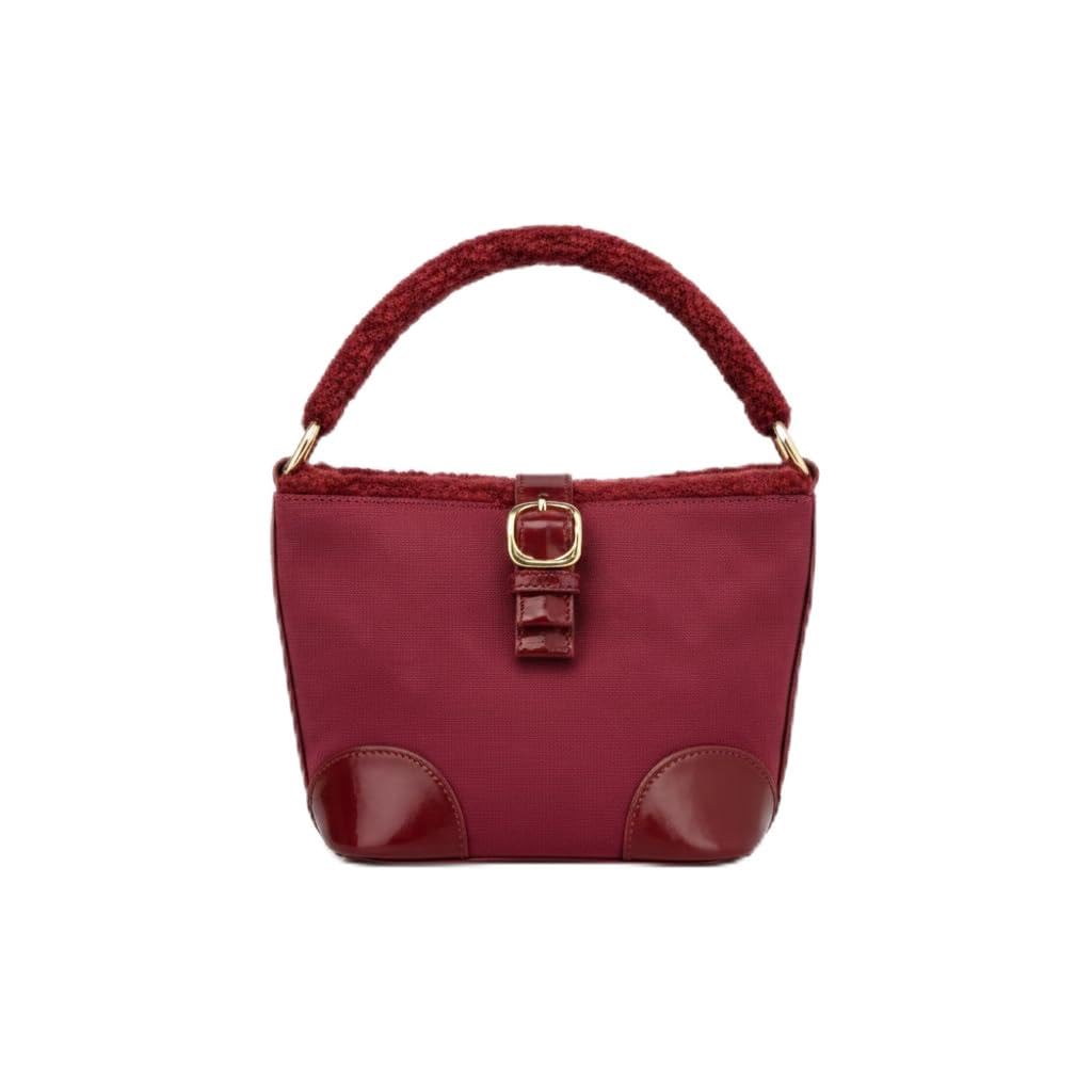 Elegant Women's Handbag in Deep Red Featuring a Chic Faux Fur Handle and Secure Front Buckle Closure, Stylish Modern Design for Daily Use, Premium Quality Fashion Accessory