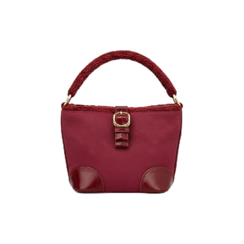 Elegant Women's Handbag in Deep Red Featuring a Chic Faux Fur Handle and Secure Front Buckle Closure, Stylish Modern Design for Daily Use, Premium Quality Fashion Accessory
