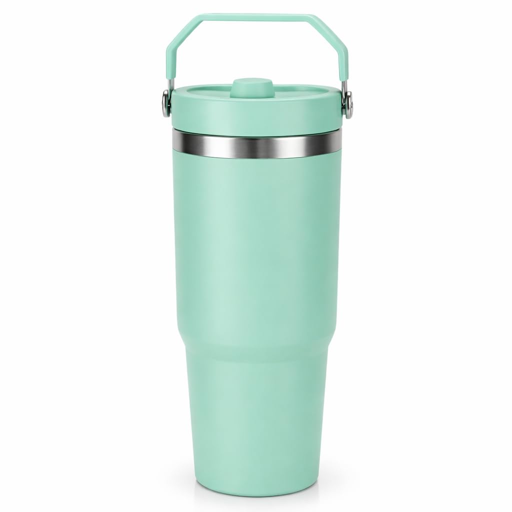 OVA Tumbler with Top Handle, Double Wall Vacuum Insulated Stainless Steel Tumbler with Flip Straw, 1200ml Travel Coffee Mug, r, Reusable Drinkware (Turquoise)