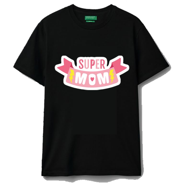 cotton Black T-Shirt, Short Sleeves, super mom word, Cotton, Size (XL)