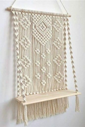 MacrameStore- Macrame Wall Hanging with Wooden Shelf, 60 cm - مكرمية معلقة برف خشبي