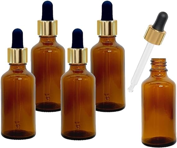 50ml Brown Glass Dropper Bottle (5 Pack), Brown Empty Glass Dropper Bottle with Glass Dropper Straws ~ UV Resistant, Refillable Containers for Essential Oils, Aromatherapy