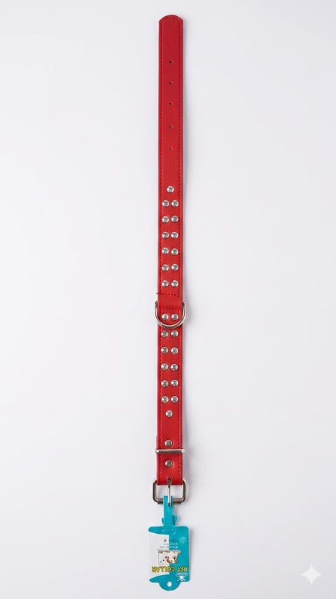 Red Studded Dog Collar, Faux Leather, Double Row Crystal Studs, Adjustable, Size L-XL