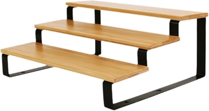 3-Tier Wooden Spice Organizer with Black Metal Frame, Modern Kitchen Storage Rack