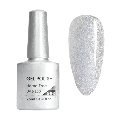 Glitter Gel Nail Polish Soak Off UV LED, Silver Diamond Glitter, High Shine Sparkling Silver Effect, Long Lasting Reflective Formula for Nail Art, Salon & Home Manicure, 7.5ml (502)