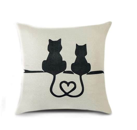 Cushion Covers Cats in Love Linen Throw Pillow Case Romantic Black Cat with Heart Square Cushion Pillowcases Home Decorative for Couch Sofa Bedroom Living room 40 x 40
