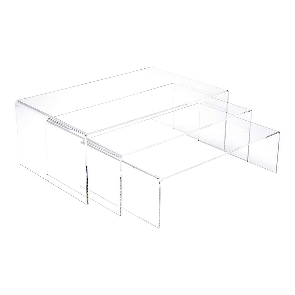BEST MEDIA 3-Tier Acrylic Shelf Riser, Rectangular Display Stand for Retail Merchandising, Figurines, or Treats, Durable Countertop Display Organizer, Transparent Design, Clear