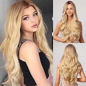 ECIF Ombre Blonde Wigs for Women, Heat Resistant Synthetic Wigs with Dark Root for Daily Life/Cosplay/Party (26 Inch, Ombre Blonde)