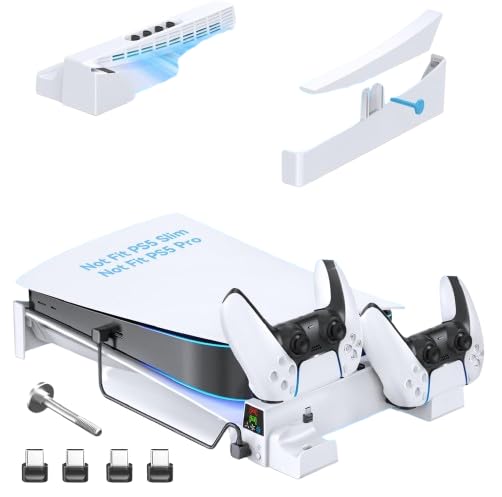 Built-in Horizontal Stand Compatible with PS5 with 3 Level Cooling Fan | Dual Charging Station & Cross Mount Compatible with PS5 Controllers One Size