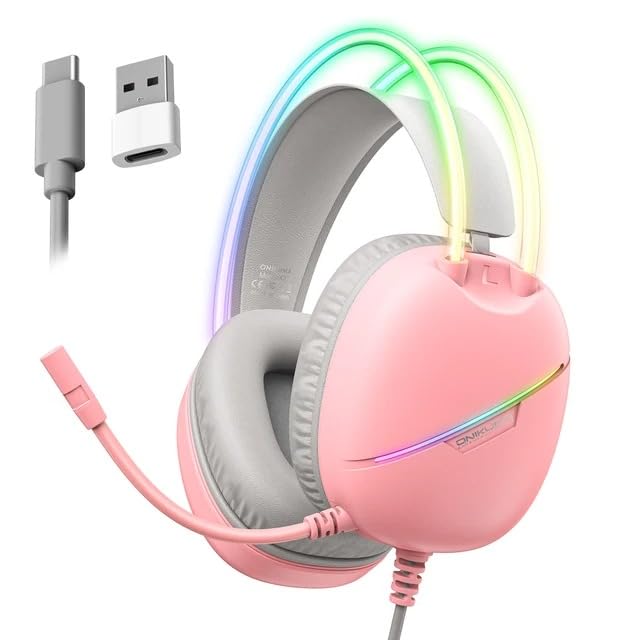 ONIKUMA X33 Gaming Headset, Pink, Over-Ear Wired Headphones with LED Lights, Noise-Cancelling Mic, for PC/PS5/PS4/Xbox