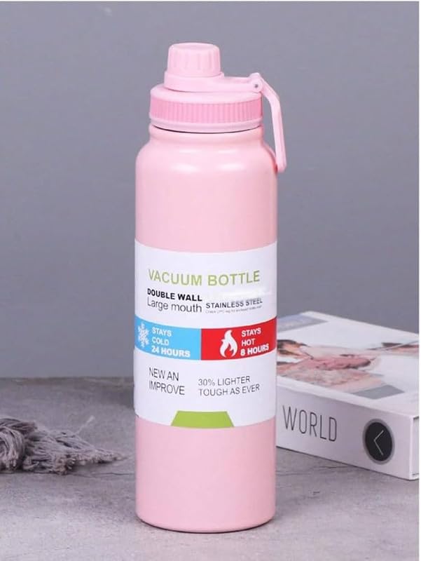 DOWNTOWN 800ml Insulated Stainless Steel Vacuum Water Bottle – Double Wall Thermal Flask with Leakproof Lid & Carry Strap (27 cm)-Pink