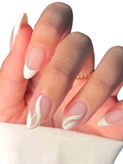 24pcs Nails French Tip Press On, Almond Medium Size (Multicolour2)