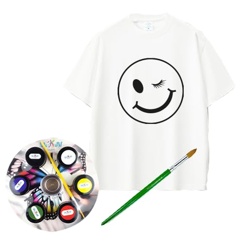 White T-Shirt Colour-In with Fabric Paints and Brush,Smiley Face Design,Size (M).