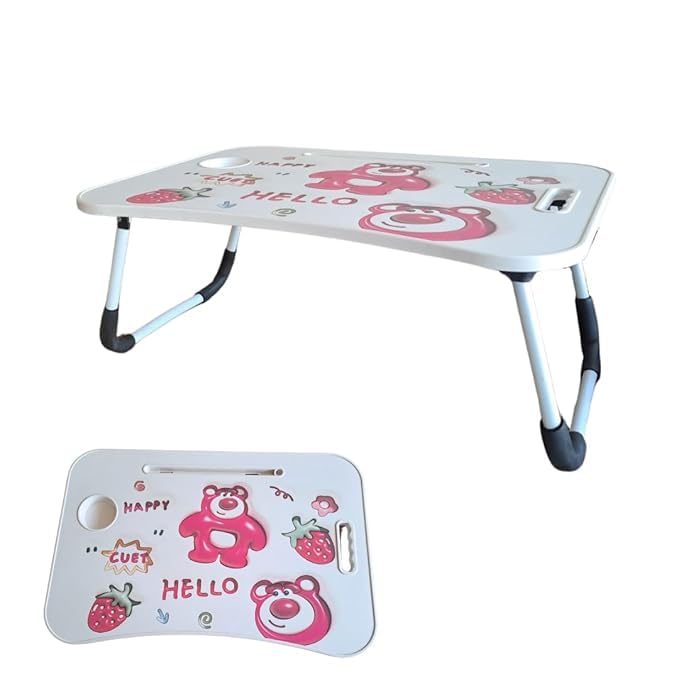Next Store Strawberry Bear Folding Table, Portable Kids Desk for Bed and Floor, Multi-Use with Cup Holder and Tablet Slot, Perfect for Homework, Drawing, Eating
