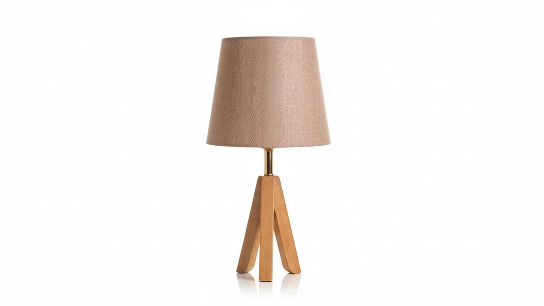 Modern Table Lamp – Beech Wood Tripod Base with Linen Fabric Shade – Soft Warm Ambient Lighting – Elegant Beige Design – Suitable for Bedrooms & Home Décor – E27 Bulb