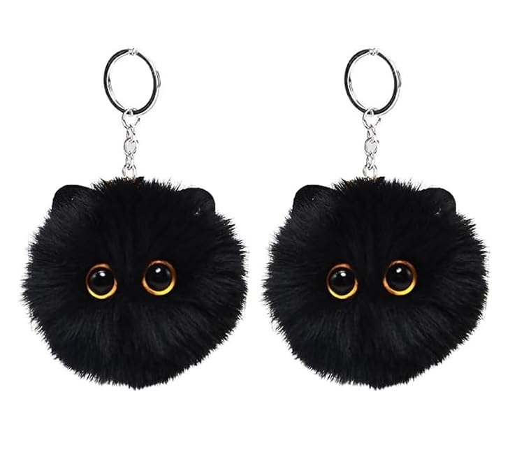 Pack of 2 Cat Keychains Plush Cartoon Cat Pendant Animal Couple Keychain for Backpacks and Phone black M, One Size