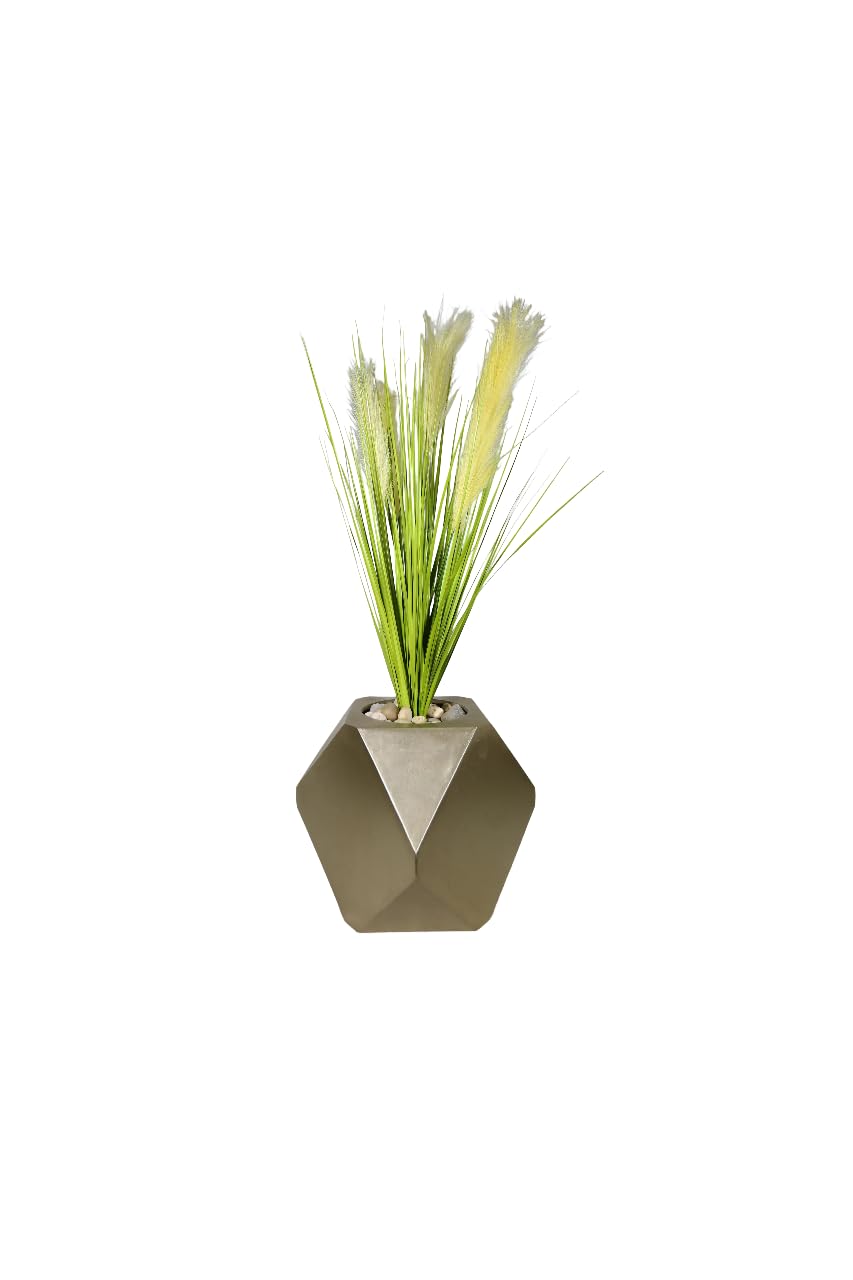 Geometric Gold Vase with Artificial Feather Plants, Elegant Modern Design, Home Decor