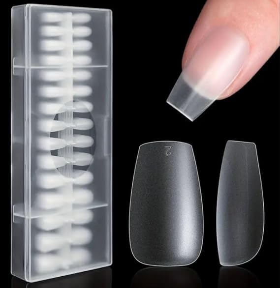 100 pieces of medium-length clear ballerina nails in 10 sizes with a tray of acrylic natural-looking artificial nails for nail salons or DIY nail art at home (100 pcs/clear/acrylic case)