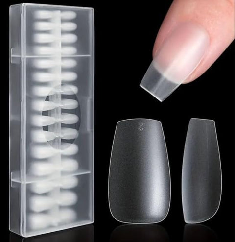 100 pieces of medium-length clear ballerina nails in 10 sizes with a tray of acrylic natural-looking artificial nails for nail salons or DIY nail art at home (100 pcs/clear/acrylic case)