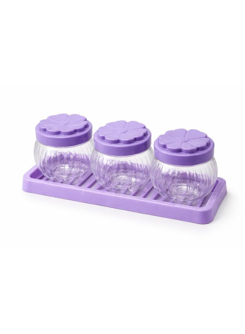 3-Piece Clear Spice and Seasoning Jar Set with Floral Lids and Organizer Tray - Purple