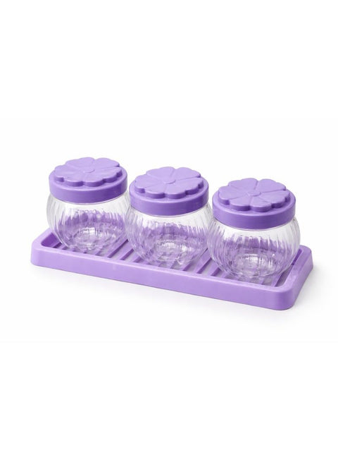 3-Piece Clear Spice and Seasoning Jar Set with Floral Lids and Organizer Tray - Purple