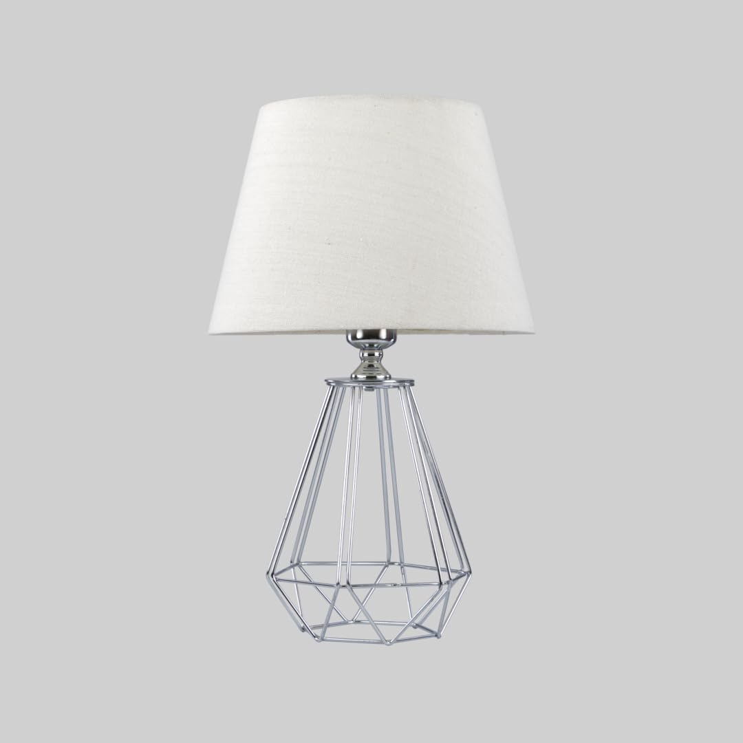 Nagafa Shop TB22-WH Diamond Modern Table Lamp, White Shade with Silver Base, Elegant Bedside & Desk Light for Bedroom, Living Room, or Office.