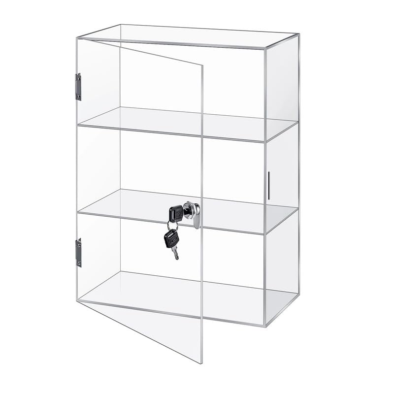 Best Media Acrylic Display Case with Lock and Key, Countertop Showcase Display Cabinet Storage Box for Retail Store – Clear – Fixed 3 Tier – 30 × 15 × 39.9
