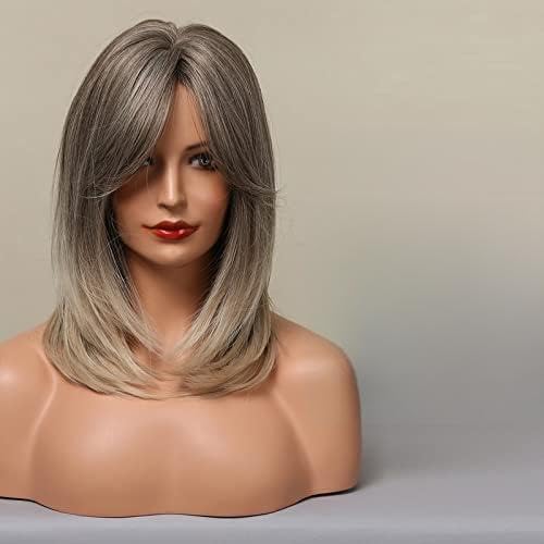 ECIF Ombre Gray To Blonde Wigs For Women, Shoulder-Length Wig With Bangs Dark Roots To Blonde Synthetic Hair Layered Wigs Heat Resistant Fibre For Daily Party Use