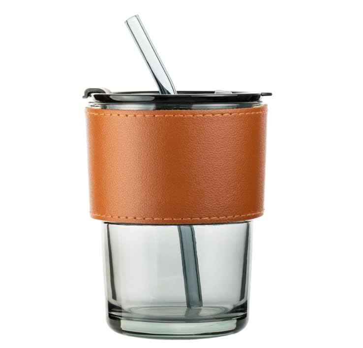 OVA Glass Mug with Straw – Modern Reusable Glass Cup for Juice, Coffee, Iced Drinks & Smoothies,Gray