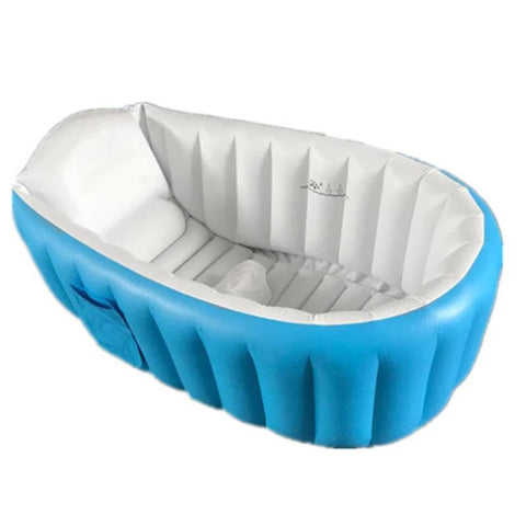 Portable Bath - Easy setup inflatable baby tub with folding design and support stand, blue safe material for infants, perfect for travel and compact home storage space