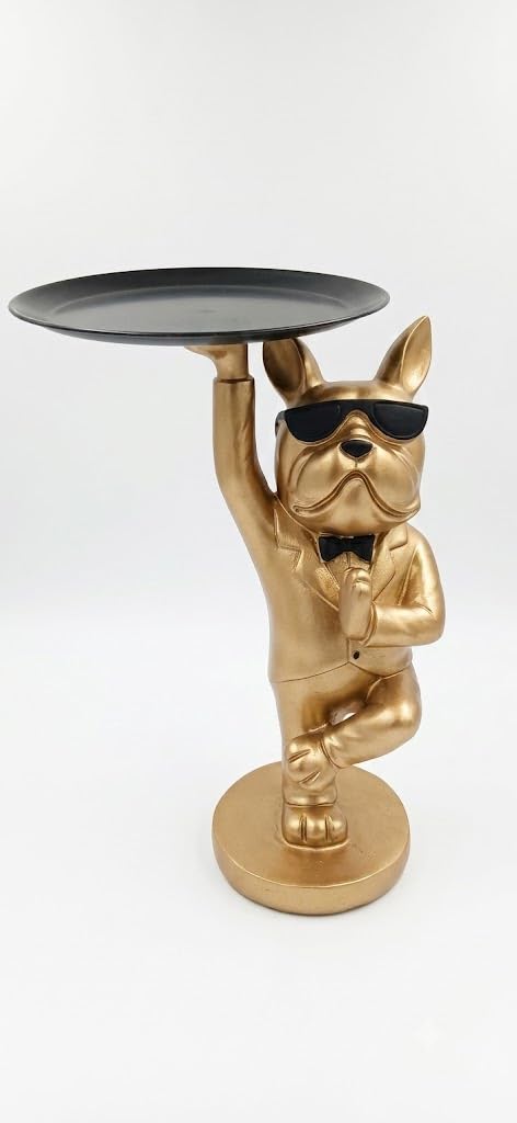 Generic Gold French Bulldog Side Table with Sunglasses, Black Tray Top, Decorative Accent Table