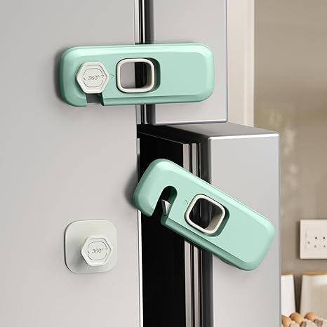 Volura Child Proof Refrigerator Safety Lock, with Adhesive Inserts, One-Hand Operation, 360° Protection Switch, Pack of 2 (Green)