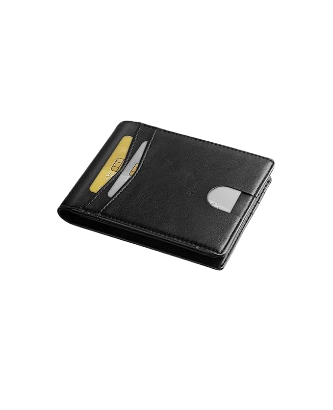 Slim Wallet for Men Genuine Leather RFID Blocking Bifold Minimalist Front Pocket Mens Wallet with Money Clip (BLACK-1)
