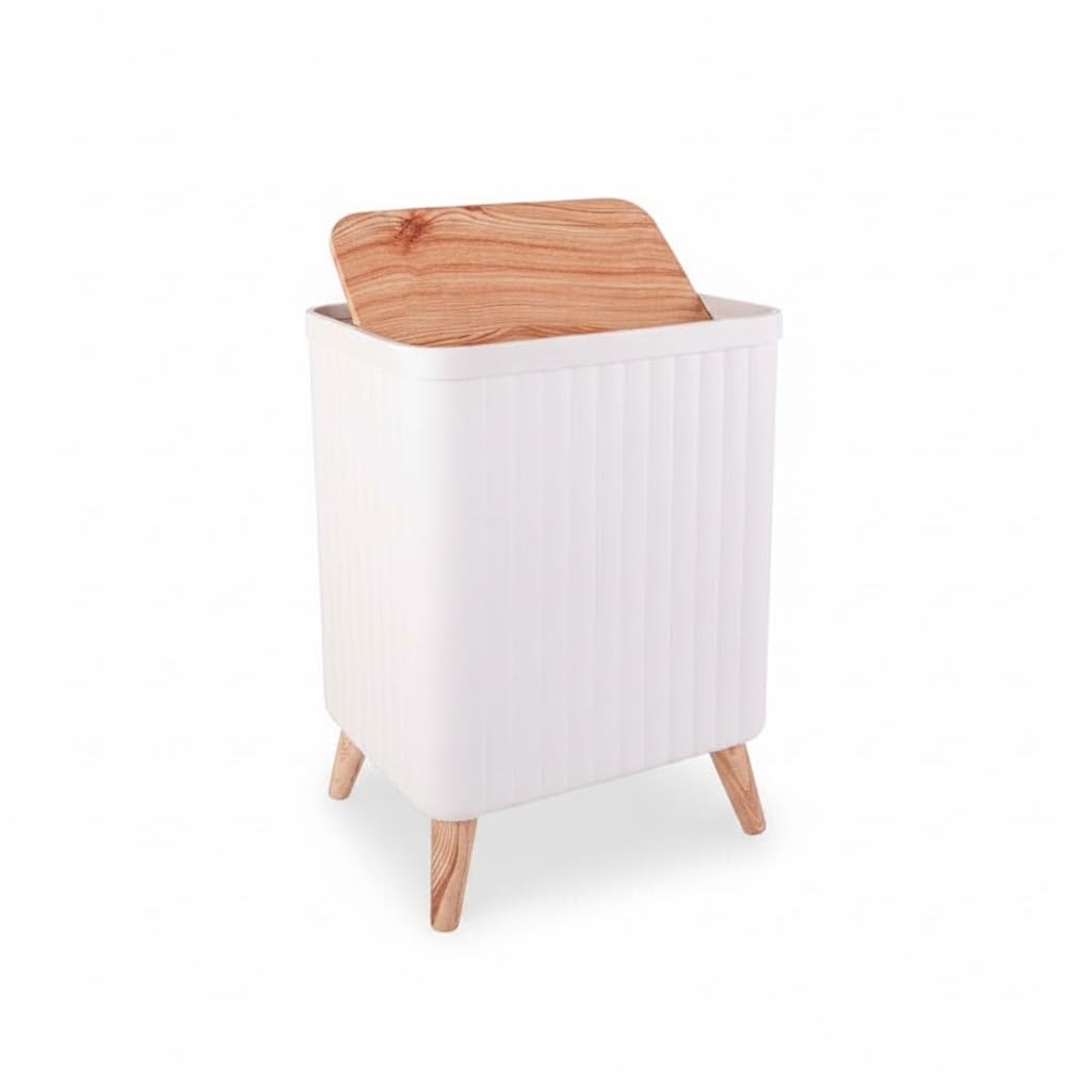 Generic Decorative Waste Bin with Wooden Legs, 11L Capacity, White Bathroom Trash Can with Swing Lid. (White)