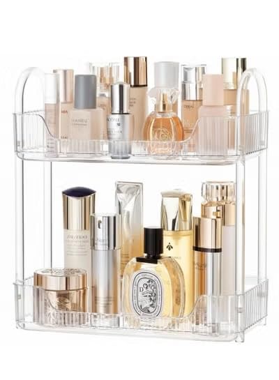 Bathroom Organizer Countertop, Makeup Storage, Skincare Cosmetic Tray Shelf, Perfume Holder Rack for Vanity Counter, Large Capacity, Easy to Install, Clean, 2 Tiers, Clear White