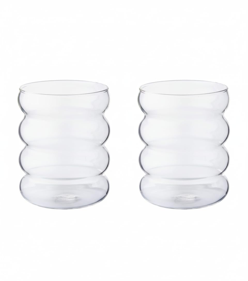 Portal Modern Wavy Glass Mug 350ml – Clear Heat-Resistant Coffee Cup for Hot and Cold Drinks(2pieces)