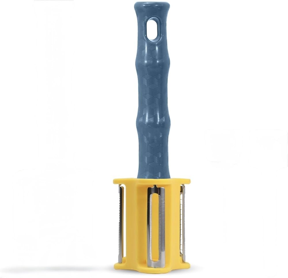 Downtown 3-in-1 Kitchen Vegetable Peeler with Stainless Steel Blades, Blue and Yellow Peeler and Brush, Multi-Functional Tool for Cleaning and Peeling Produce for Healthy Cooking Prep