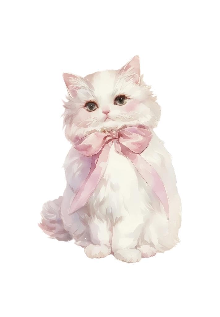 White Persian Cat Wall Art Sticker with Pink Bow, Waterproof Decal for Laptops and Water Bottles, Aesthetic