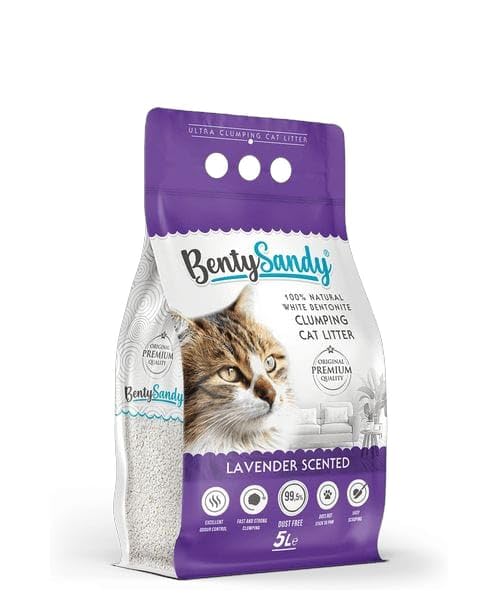 Benty Sand Ultra Clumping Cat Litter, 100% Natural White Bentonite Clumping Cat Litter,Excellent Odour Control, Fast And Strong Clumping (5L, Lavender)