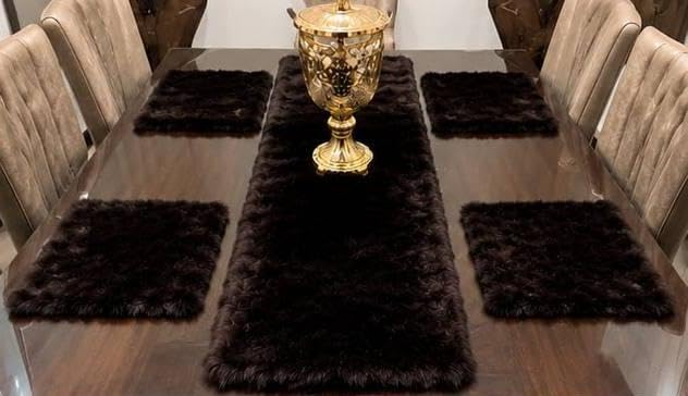 Faux Fur Table Runner and Placemat Set, Brown, 5 Piece, .rom