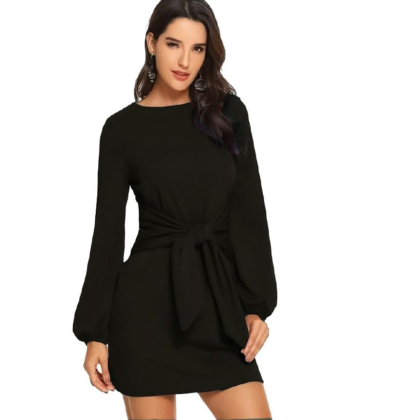 Women's Short Puff Sleeve Dress, Black, Escuba Material