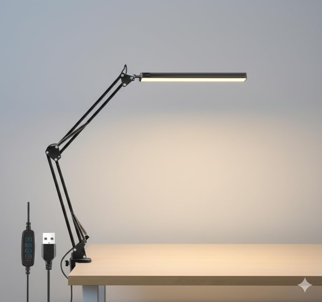 OVA Desk Light with Clamp, Adjustable Swing Arm Table Light for Home Office, Study & Reading, Eye-Caring Task Light for Desk