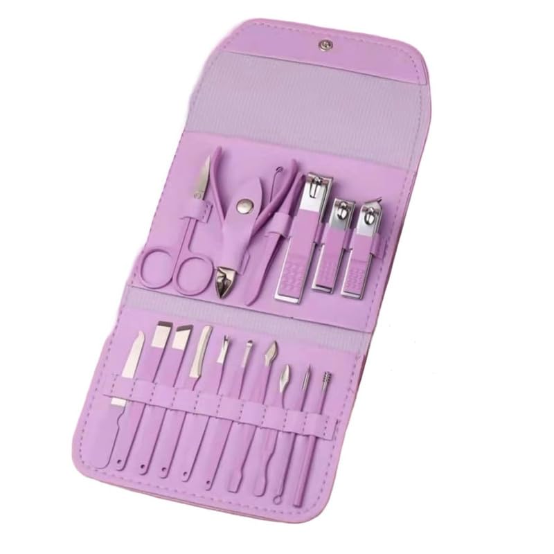 Circle M Nail Clippers Kit, 16-Piece Stainless Steel Set with Nail Scissors, Tweezers, and Cuticle Trimmer, Manicure and Pedicure Tool Kit for Home and Travel - Purple