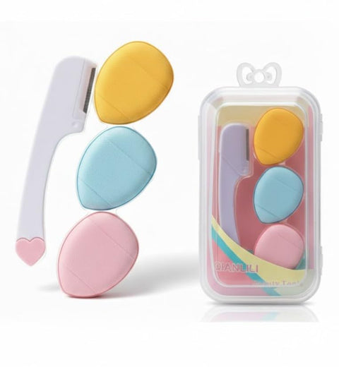 4pcs SET -1 PC MINI eyebrow trimmers with sliding cover, Ergonomic Eyebrow Shaper and Facial Razor AND 3 PCS MINI Finger Powder Puff Makeup Soft Powder Puff for Foundation, Concealer,